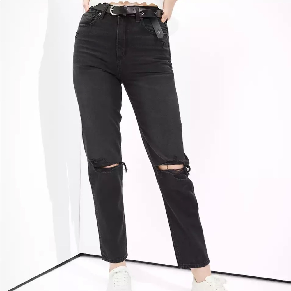 American Eagle Black Ripped Mom Straight Jean
